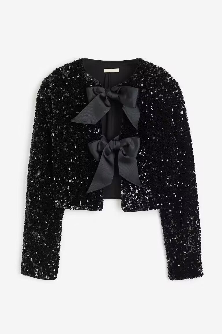 Sequin Bow Tie Front Cropped Cardigan - black - 5