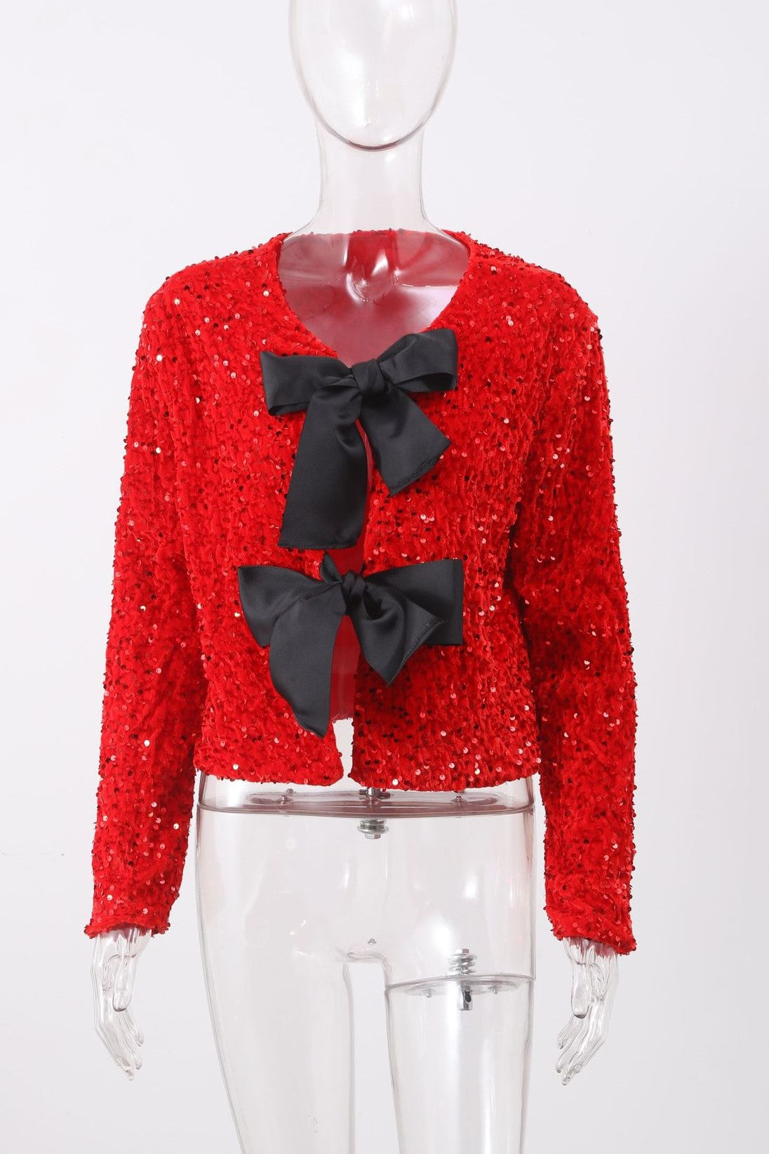 Sequin Bow Tie Front Cropped Cardigan - red