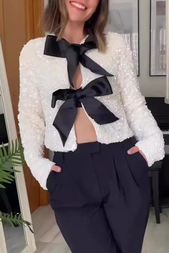 Sequin Bow Tie Front Cropped Cardigan - white - 2