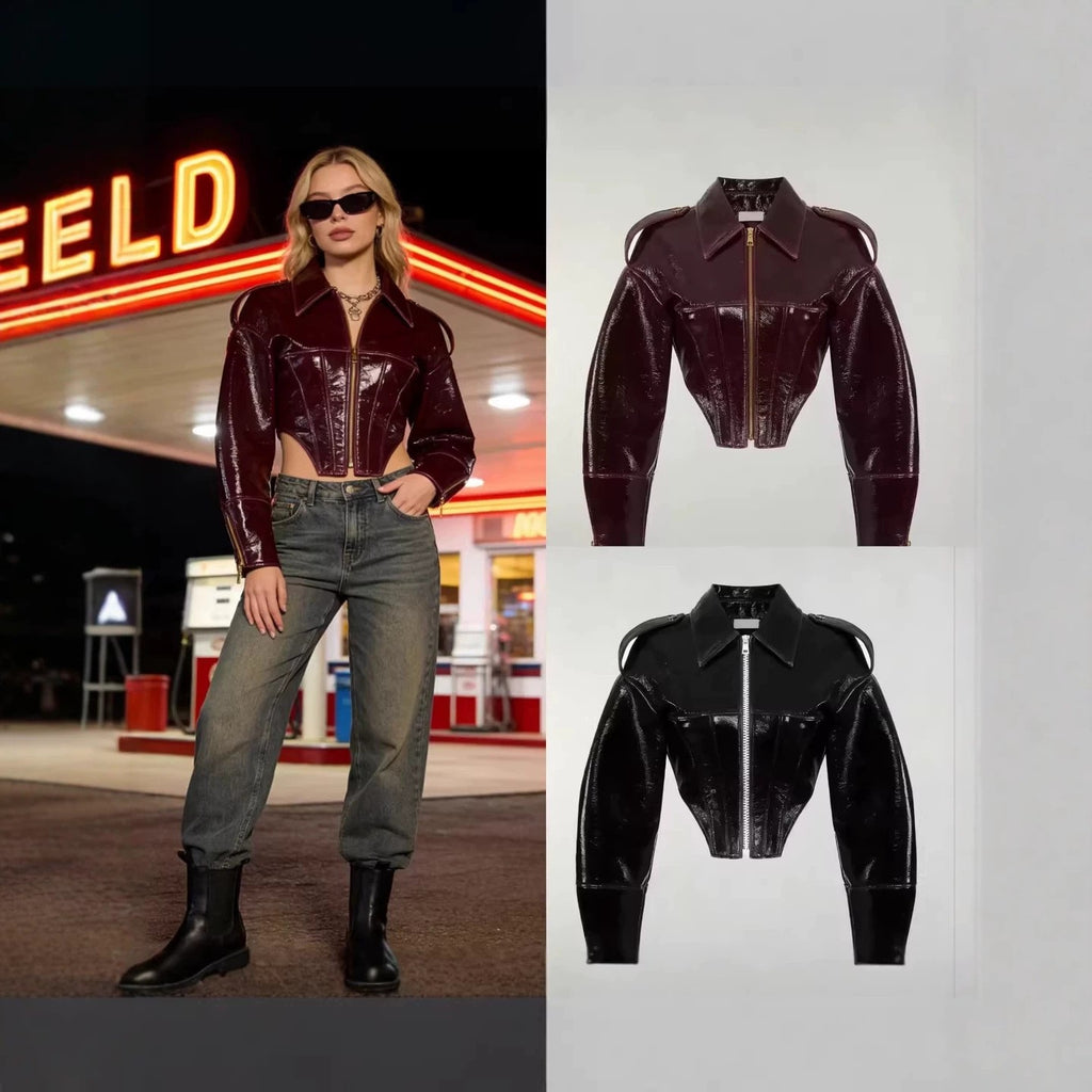 Patent Faux Leather Corset Seam Cropped Jacket