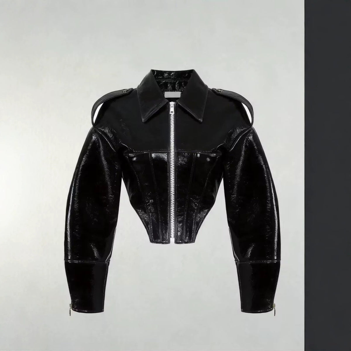 Patent Faux Leather Corset Seam Cropped Jacket