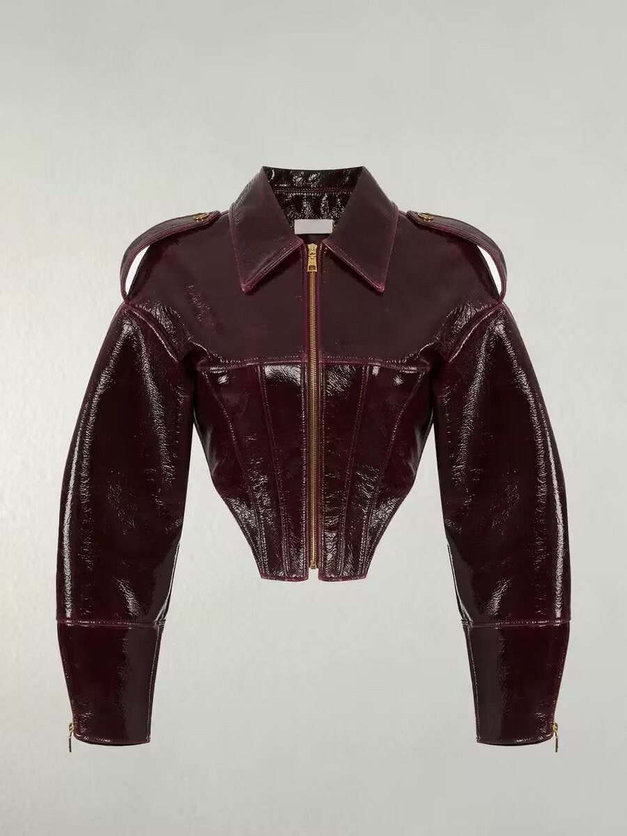 Patent Faux Leather Corset Seam Cropped Jacket