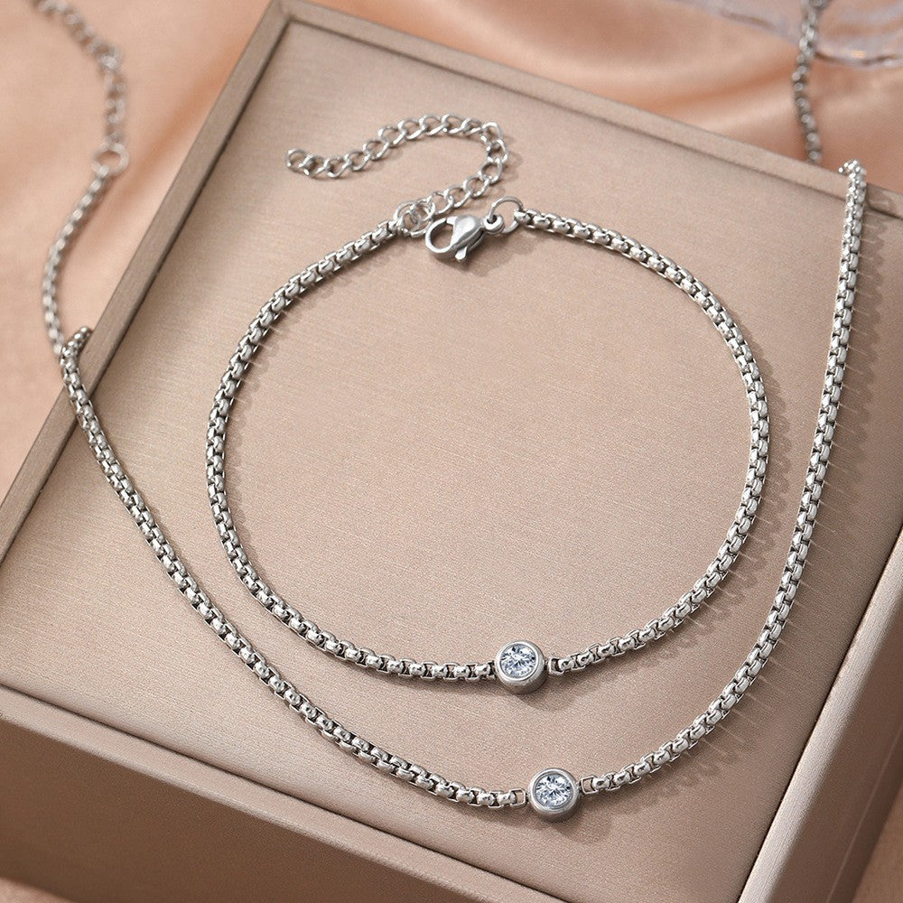 Box Chain Bezel Solitaire Necklace And Bracelet Set - Silver
