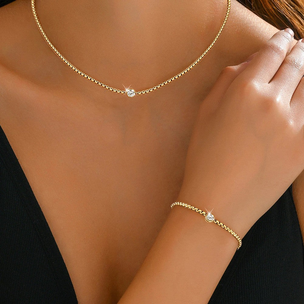 Box Chain Bezel Solitaire Necklace And Bracelet Set