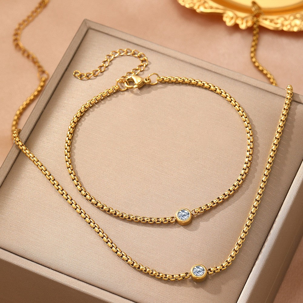 Box Chain Bezel Solitaire Necklace And Bracelet Set