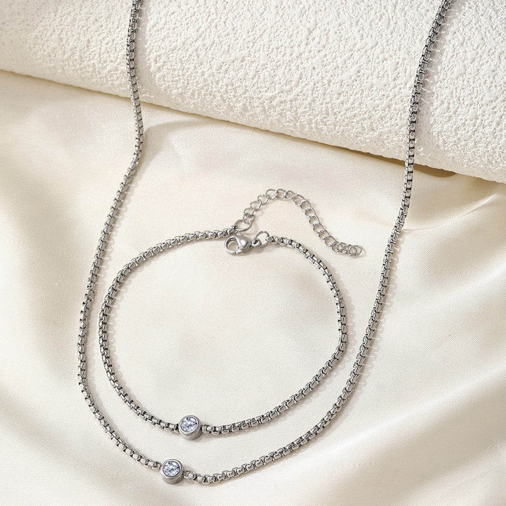 Box Chain Bezel Solitaire Necklace And Bracelet Set