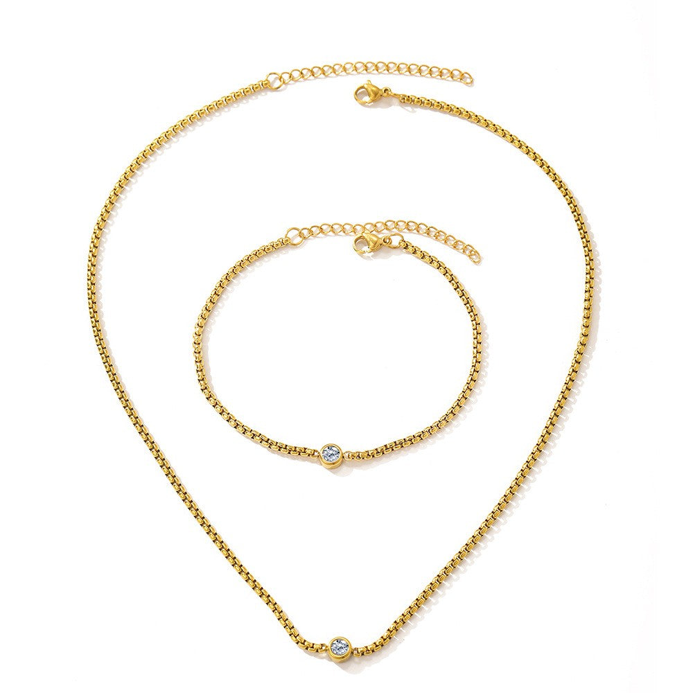 Box Chain Bezel Solitaire Necklace And Bracelet Set