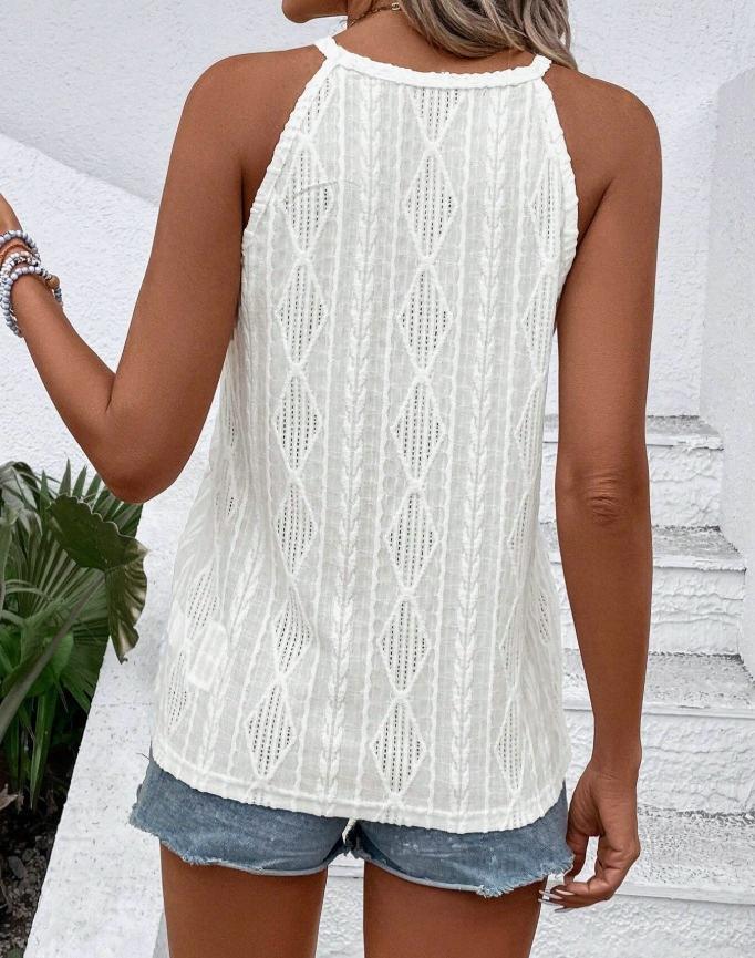 Halter Neck Pointelle Knit Sleeveless Tank Top - White - 1