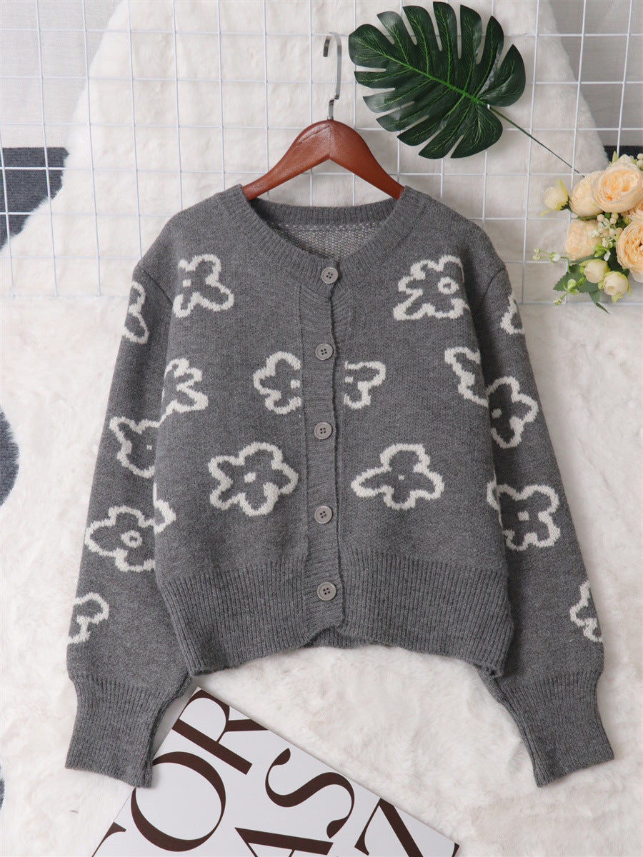 Floral Jacquard Cropped Button Cardigan - Grey - 1