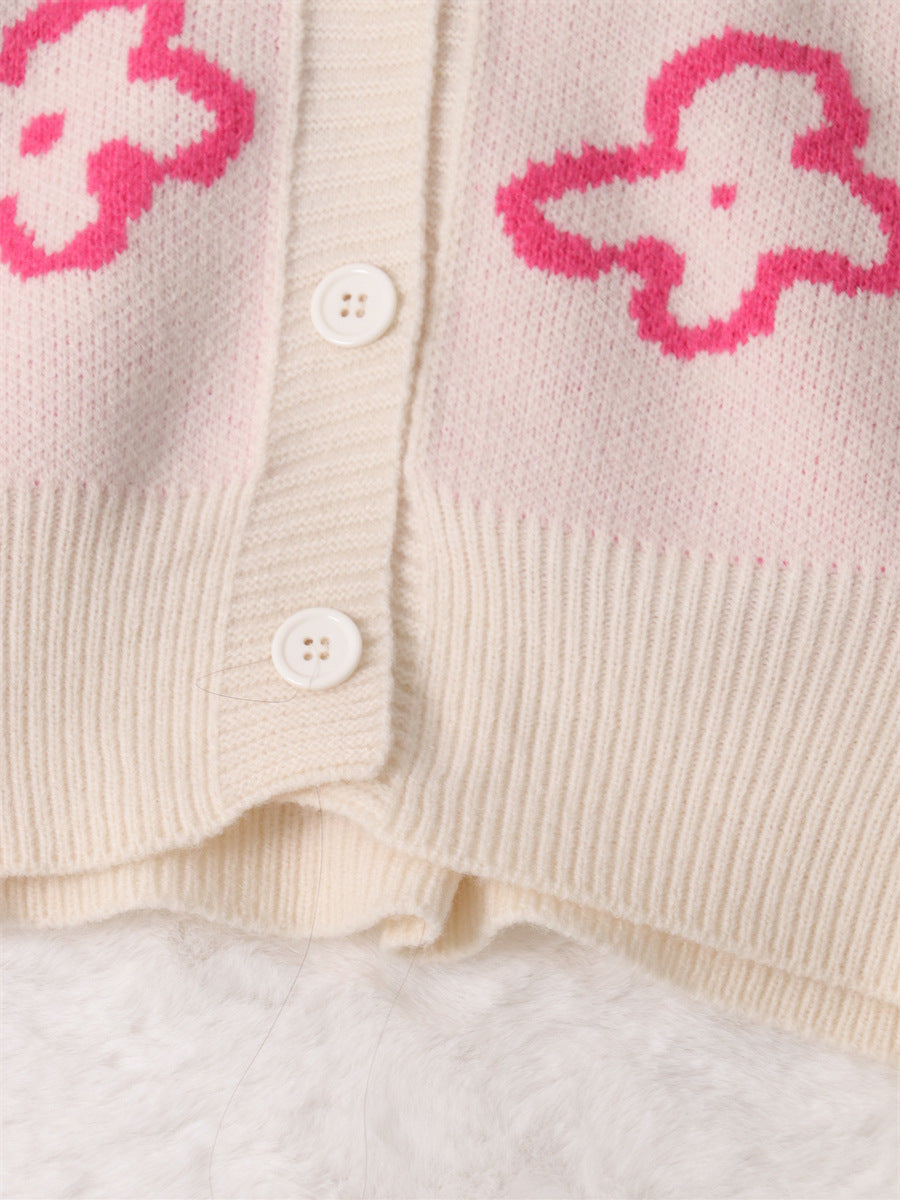 Floral Jacquard Cropped Button Cardigan - White - 2
