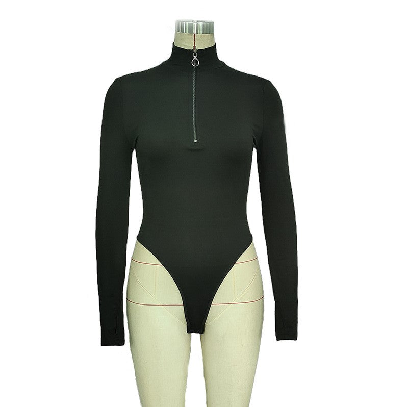 Stand Collar Zip Long Sleeve Bodysuit - Black