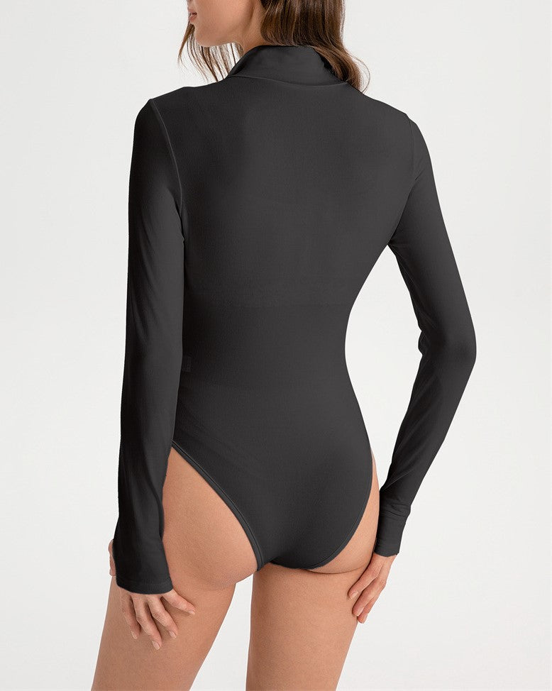 Stand Collar Zip Long Sleeve Bodysuit - Black - 2