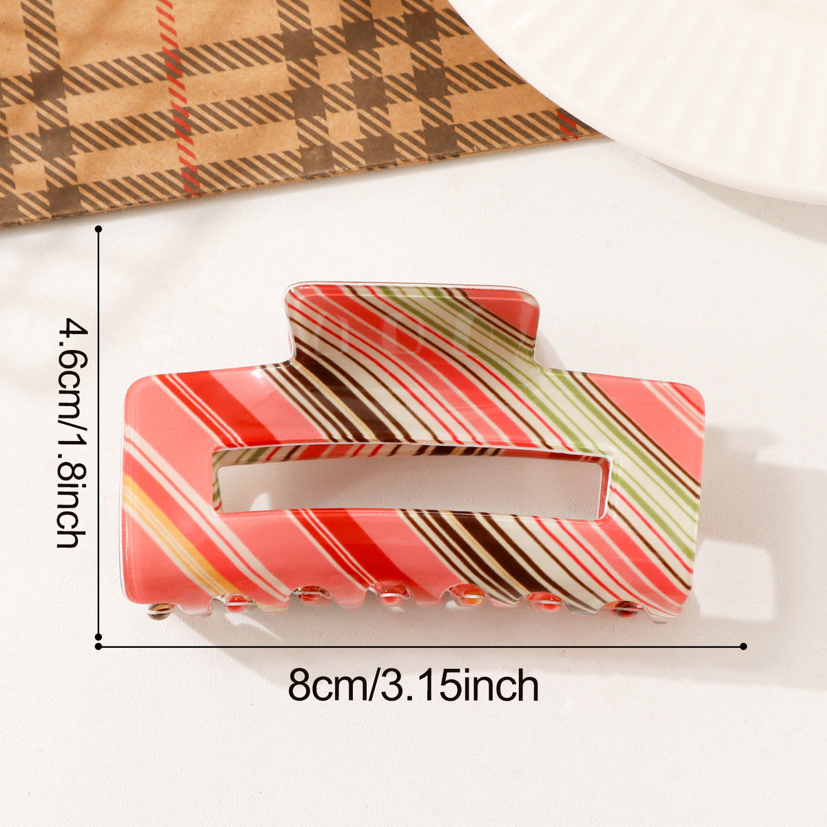 Diagonal Stripe Cutout Rectangle Claw Clip - Red