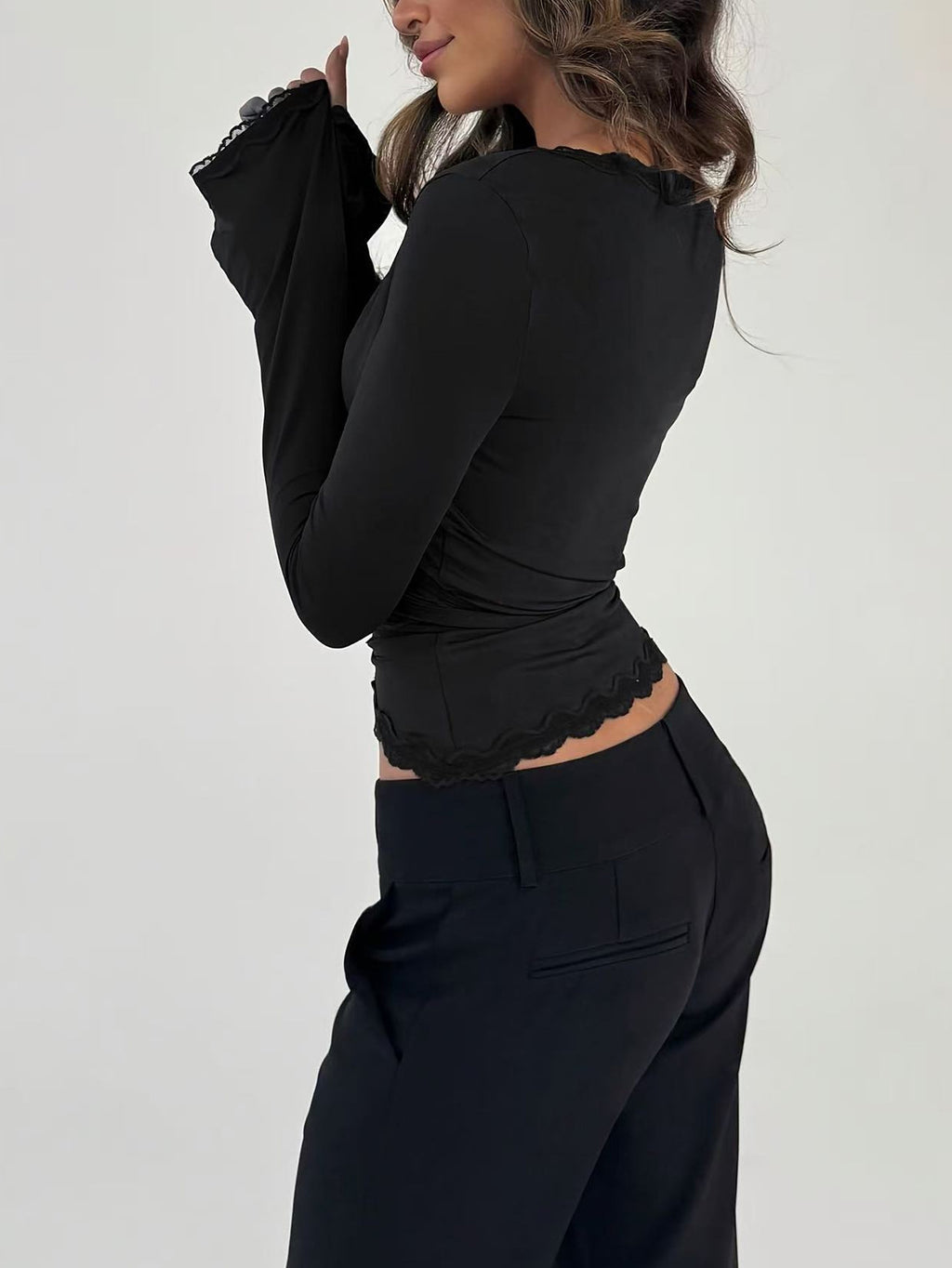 Bell Sleeve Wrap Crop Tee With Lace Trim