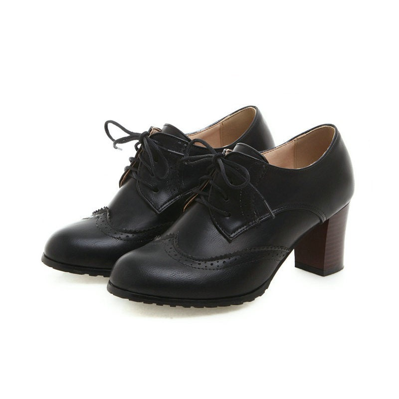 Vintage Heeled Brogue Oxford Shoes - Black