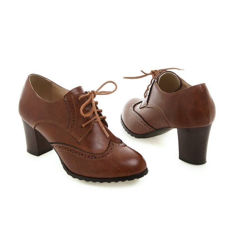 Vintage Heeled Brogue Oxford Shoes - Brown