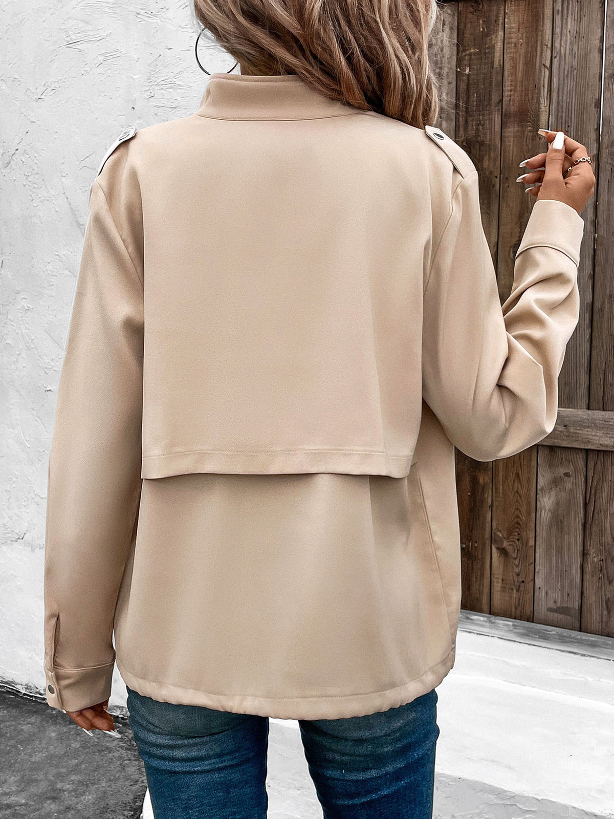 Drawcord Hem Snap Front Utility Shacket - Khaki - 1