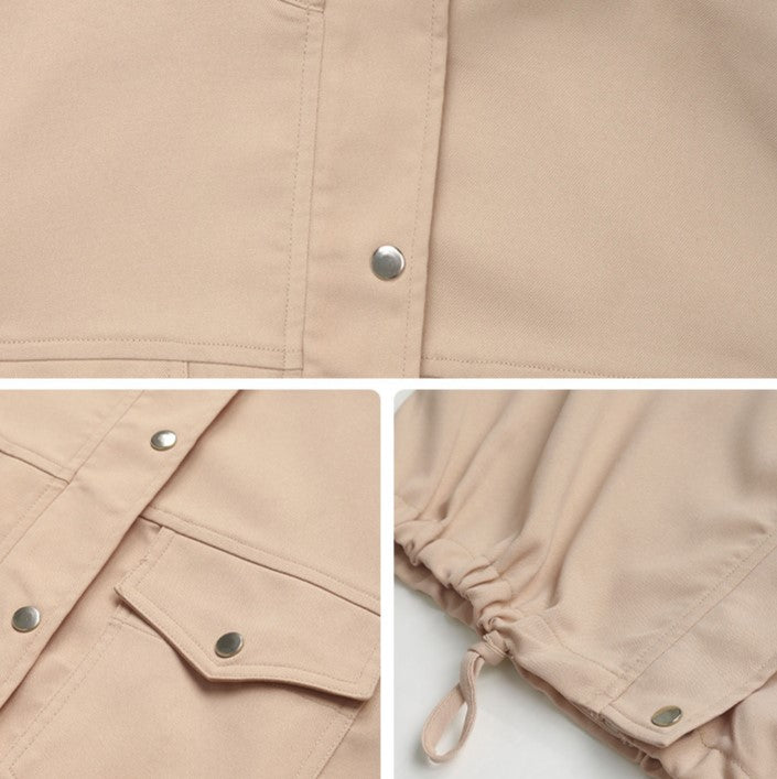Drawcord Hem Snap Front Utility Shacket - Khaki - 2