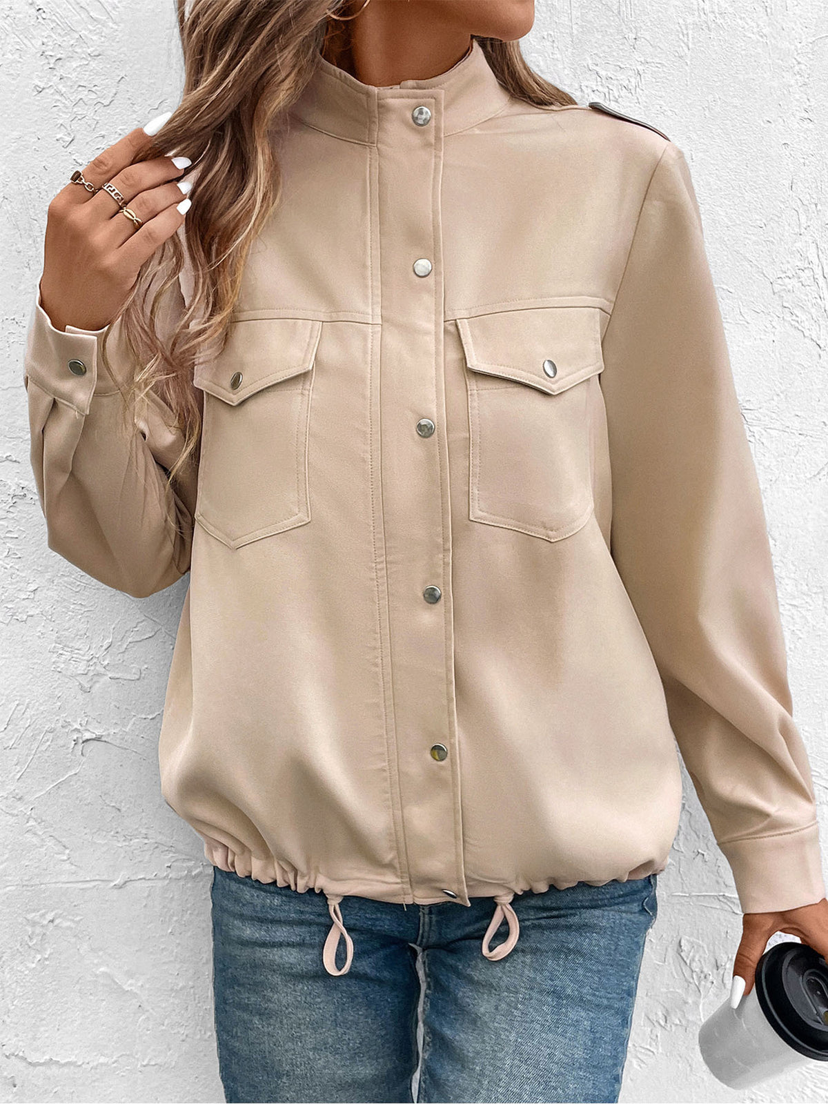Drawcord Hem Snap Front Utility Shacket - Khaki - 4