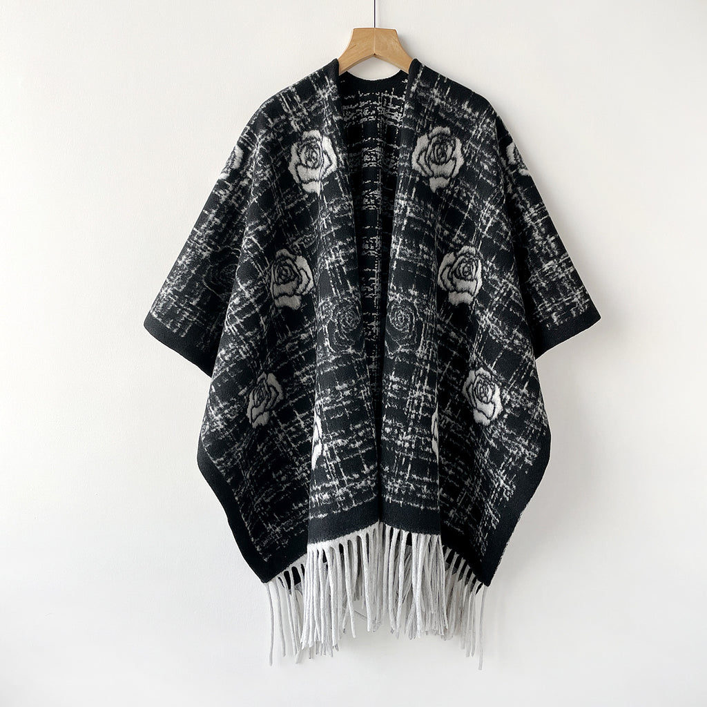 Rose Motif Plaid Cape with Fringe Hem - Black