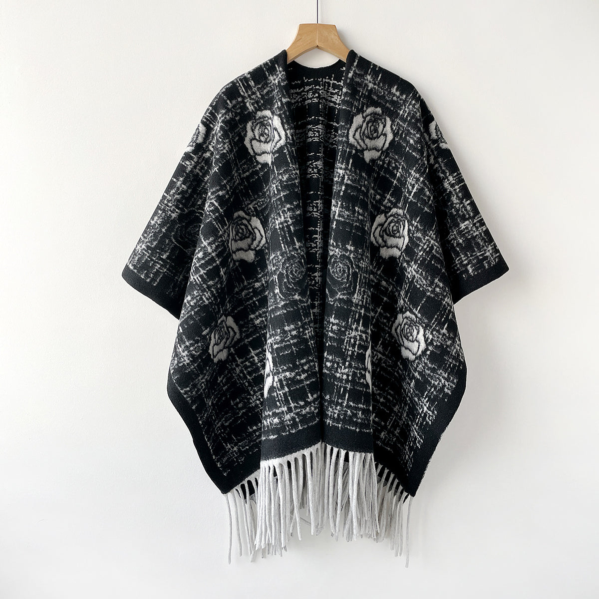 Rose Motif Plaid Cape with Fringe Hem - Black