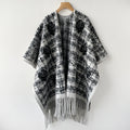 Rose Motif Plaid Cape with Fringe Hem - White