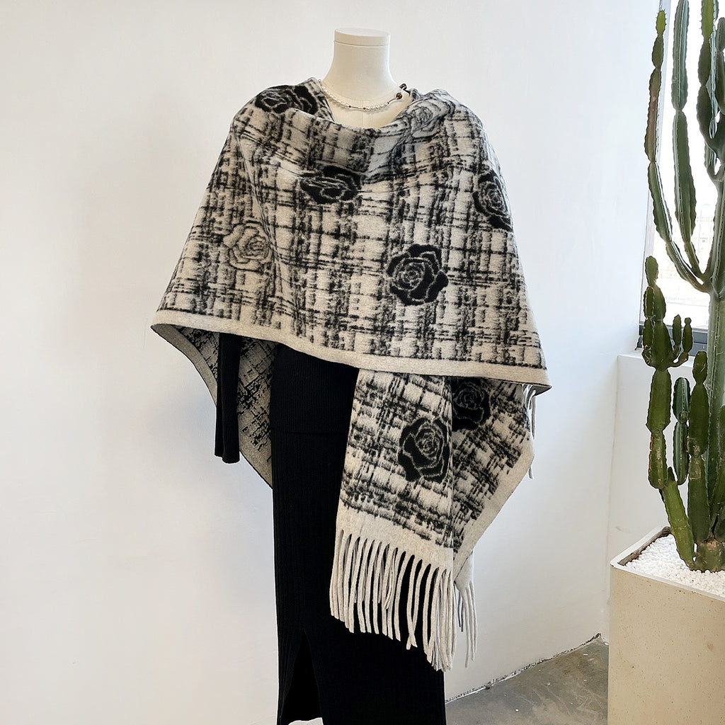 Rose Motif Plaid Cape with Fringe Hem - White - 1