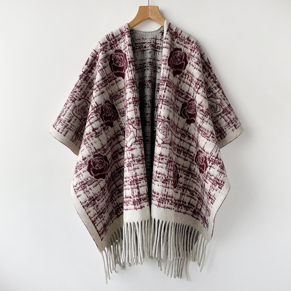 Rose Motif Plaid Cape with Fringe Hem - WineRed