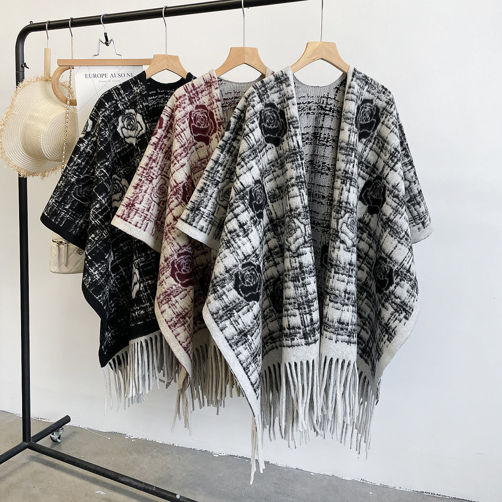 Rose Motif Plaid Cape with Fringe Hem - WineRed - 1