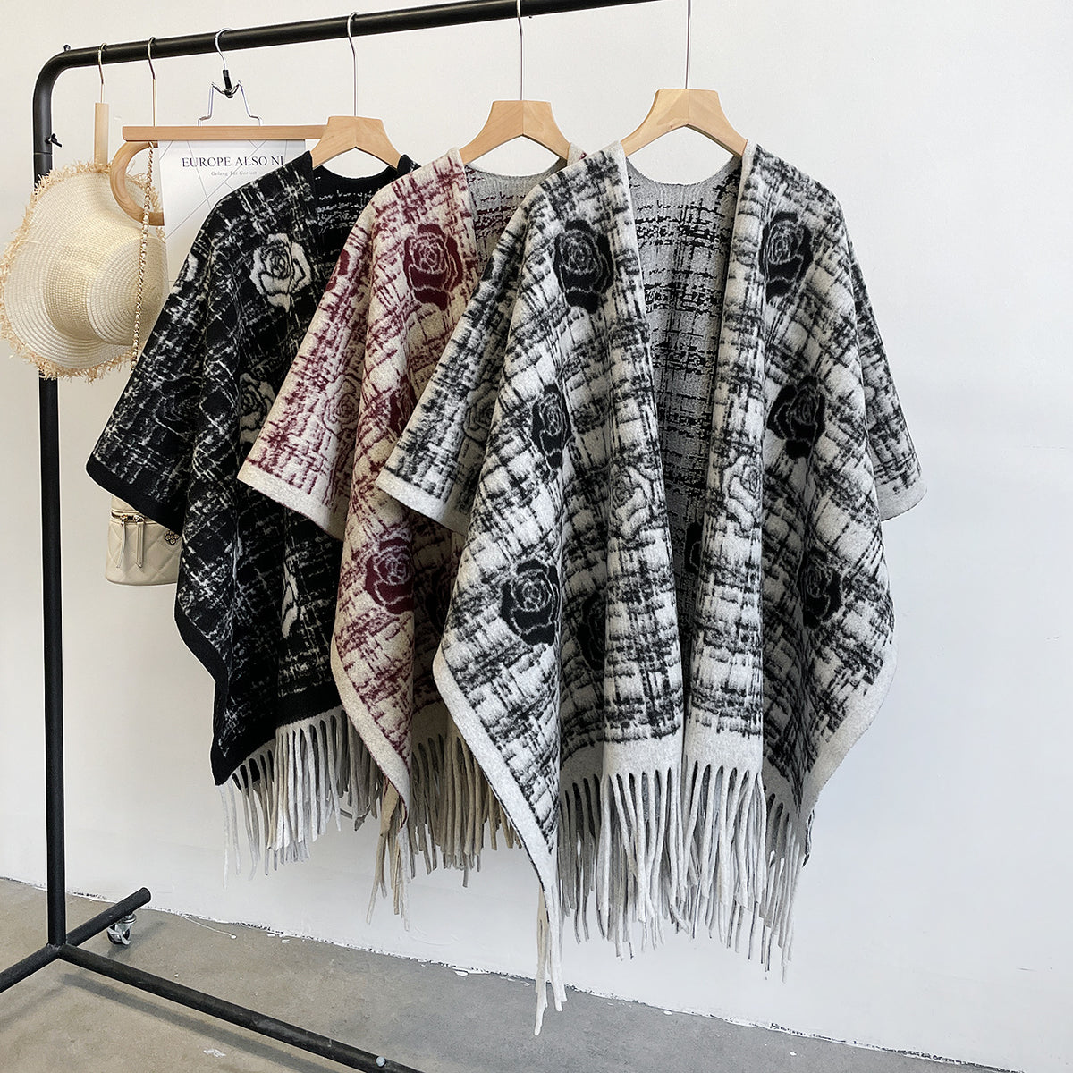Rose Motif Plaid Cape with Fringe Hem - WineRed - 1
