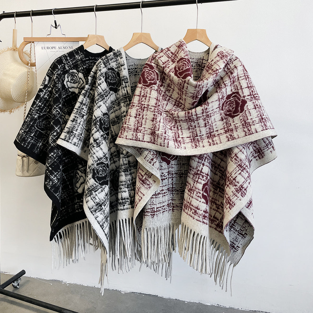 Rose Motif Plaid Cape with Fringe Hem - WineRed - 2
