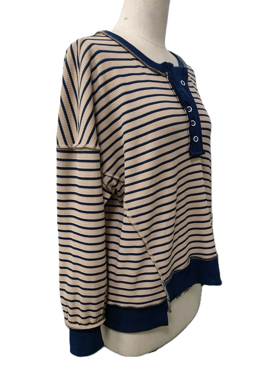 Oversized Striped Henley Sweater with Contrast Trim - Camel