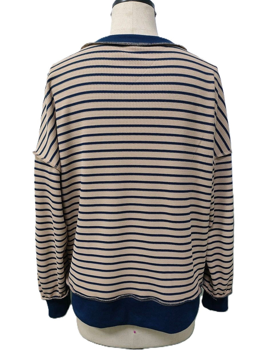Oversized Striped Henley Sweater with Contrast Trim - Camel - 1