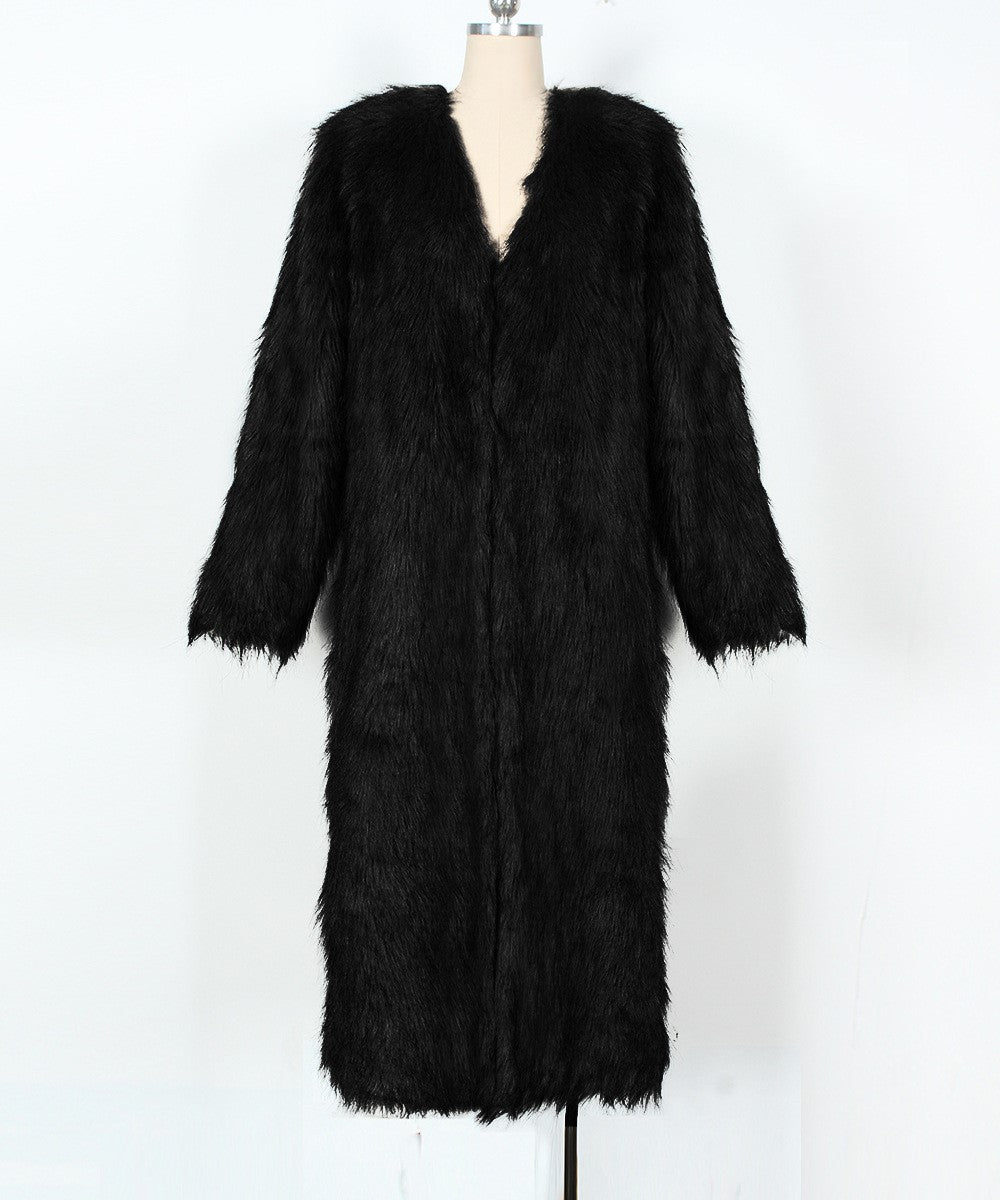 Collarless V Neck Maxi Faux Fur Coat - Black