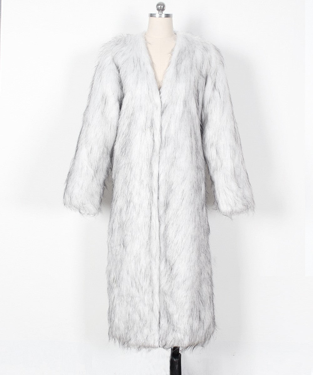 Collarless V Neck Maxi Faux Fur Coat - White
