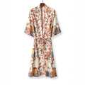 Floral Print Long Kimono Robe With Belt - Beige
