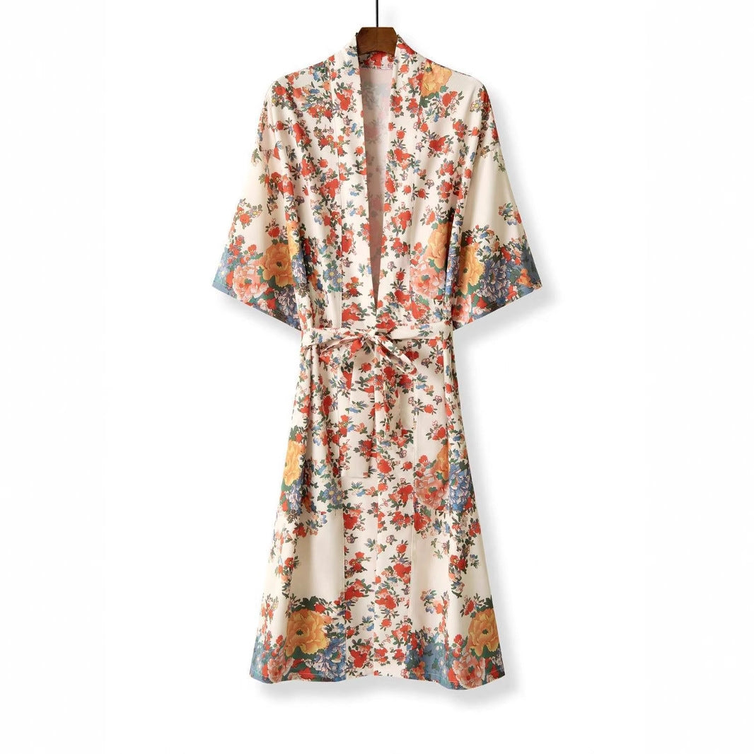Floral Print Long Kimono Robe With Belt - Beige