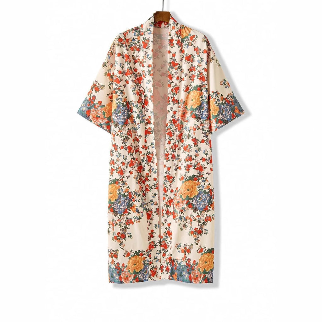 Floral Print Long Kimono Robe With Belt - Beige - 1