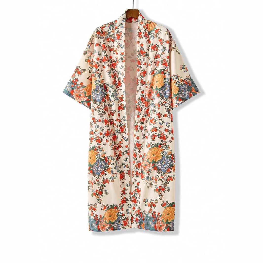 Floral Print Long Kimono Robe With Belt - Beige - 1