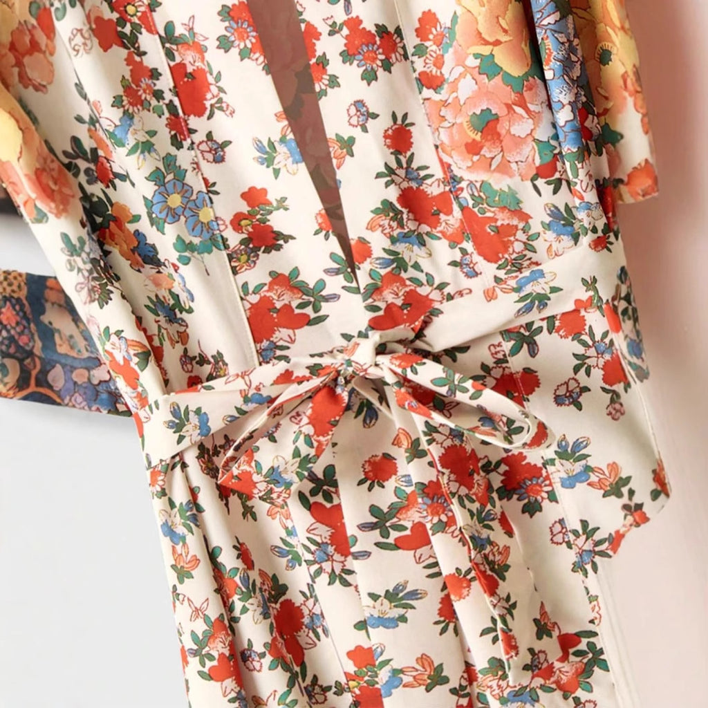 Floral Print Long Kimono Robe With Belt - Beige - 2