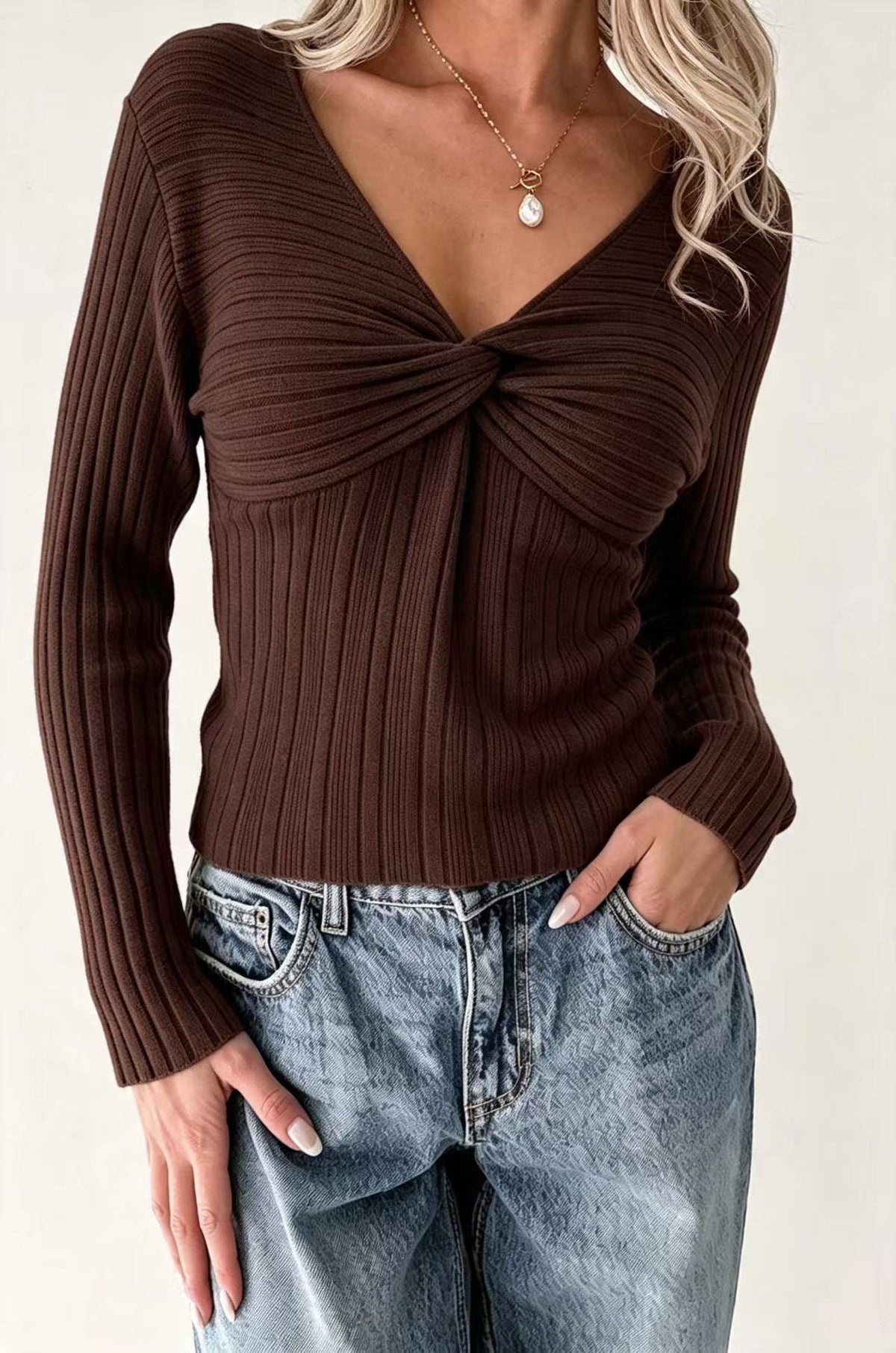 Twist Front Ribbed Knit Long Sleeve Top - Coffee