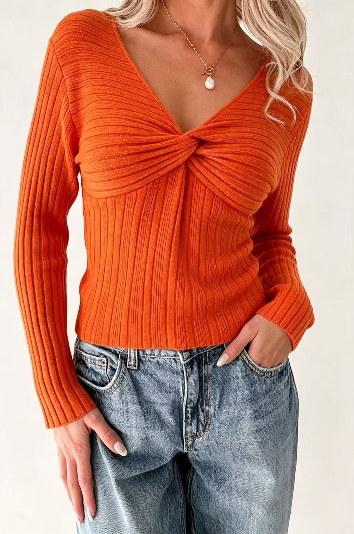 Twist Front Ribbed Knit Long Sleeve Top - Orange