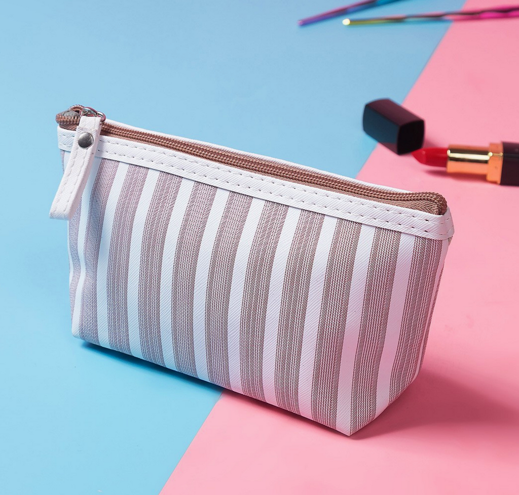 Striped Zip Pouch for Makeup and Brushes - Brown