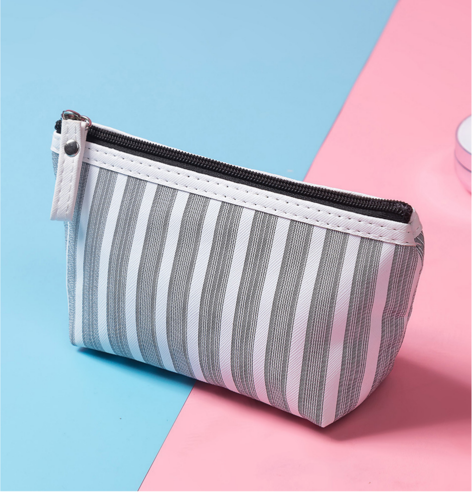 Striped Zip Pouch for Makeup and Brushes - Gray