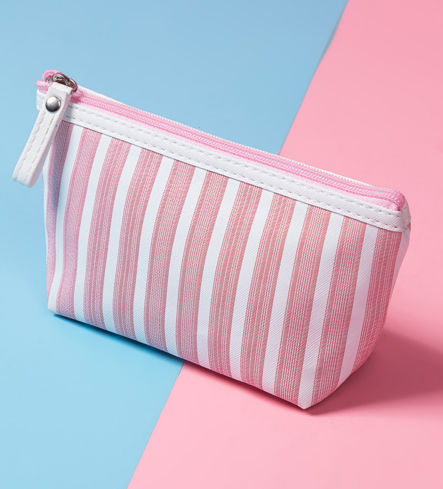Striped Zip Pouch for Makeup and Brushes - Pink - 1