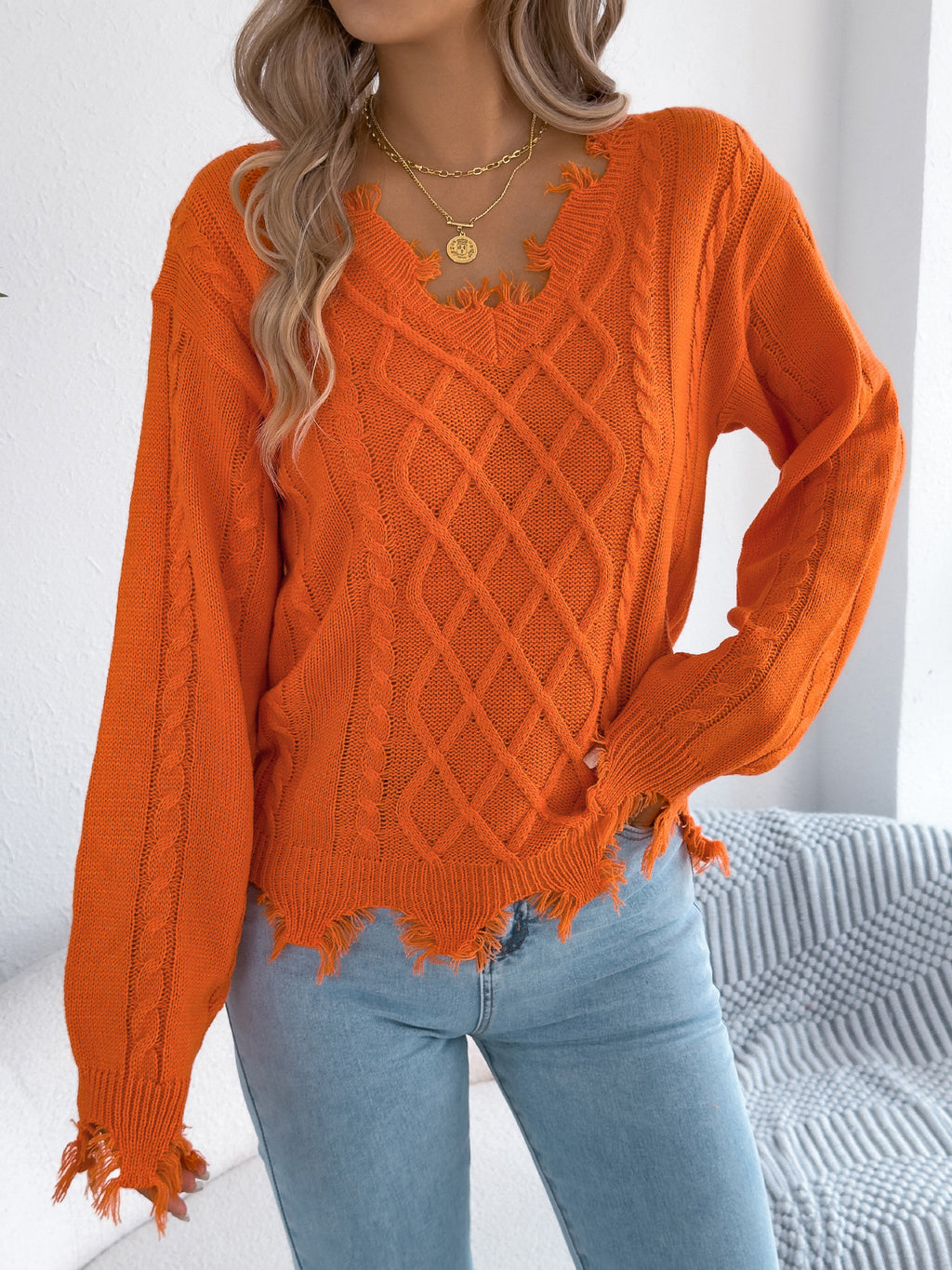 Distressed Frayed Hem V Neck Cable Sweater - Orange