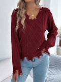 Distressed Frayed Hem V Neck Cable Sweater - Winered