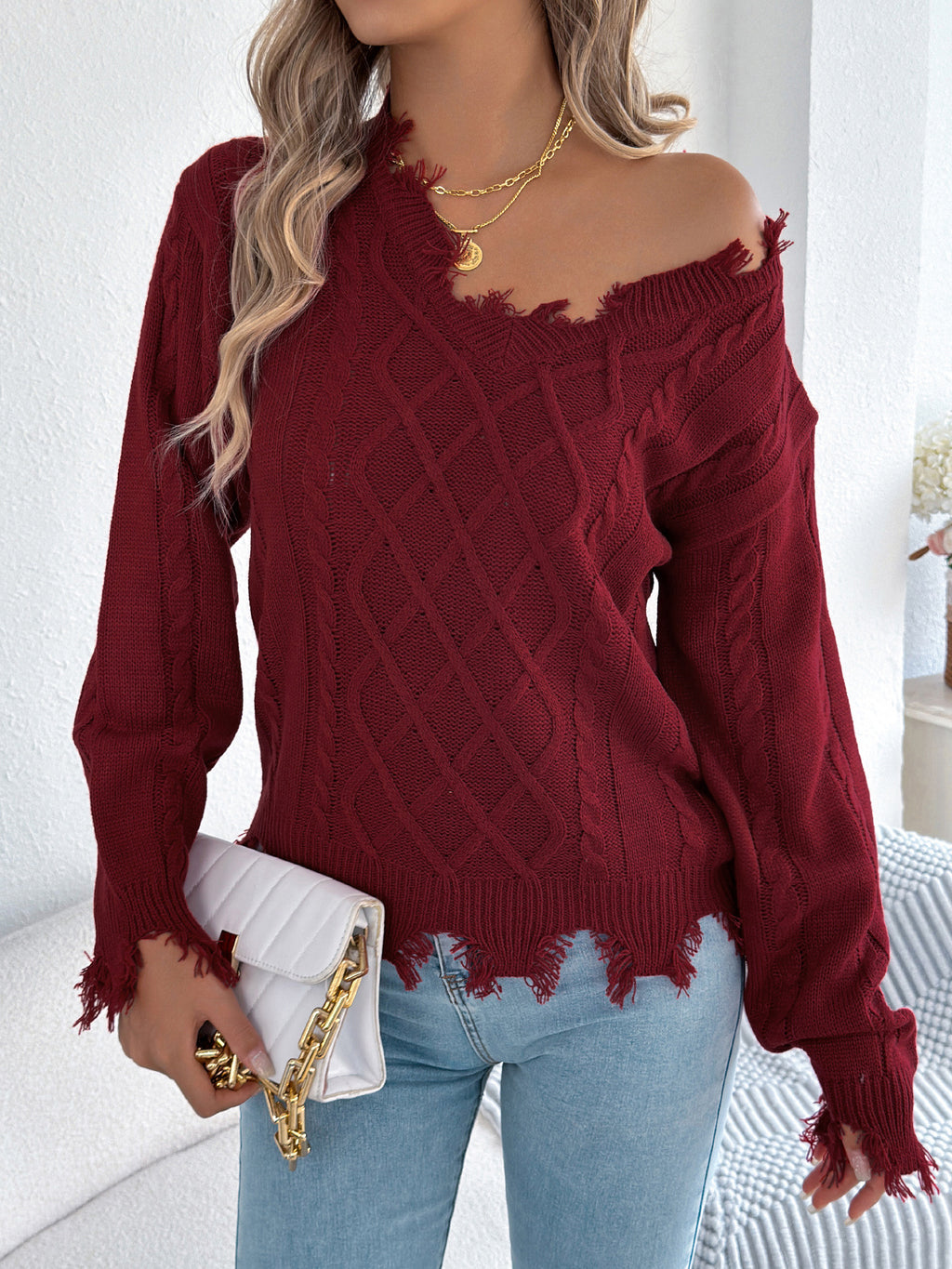 Distressed Frayed Hem V Neck Cable Sweater - Winered - 1