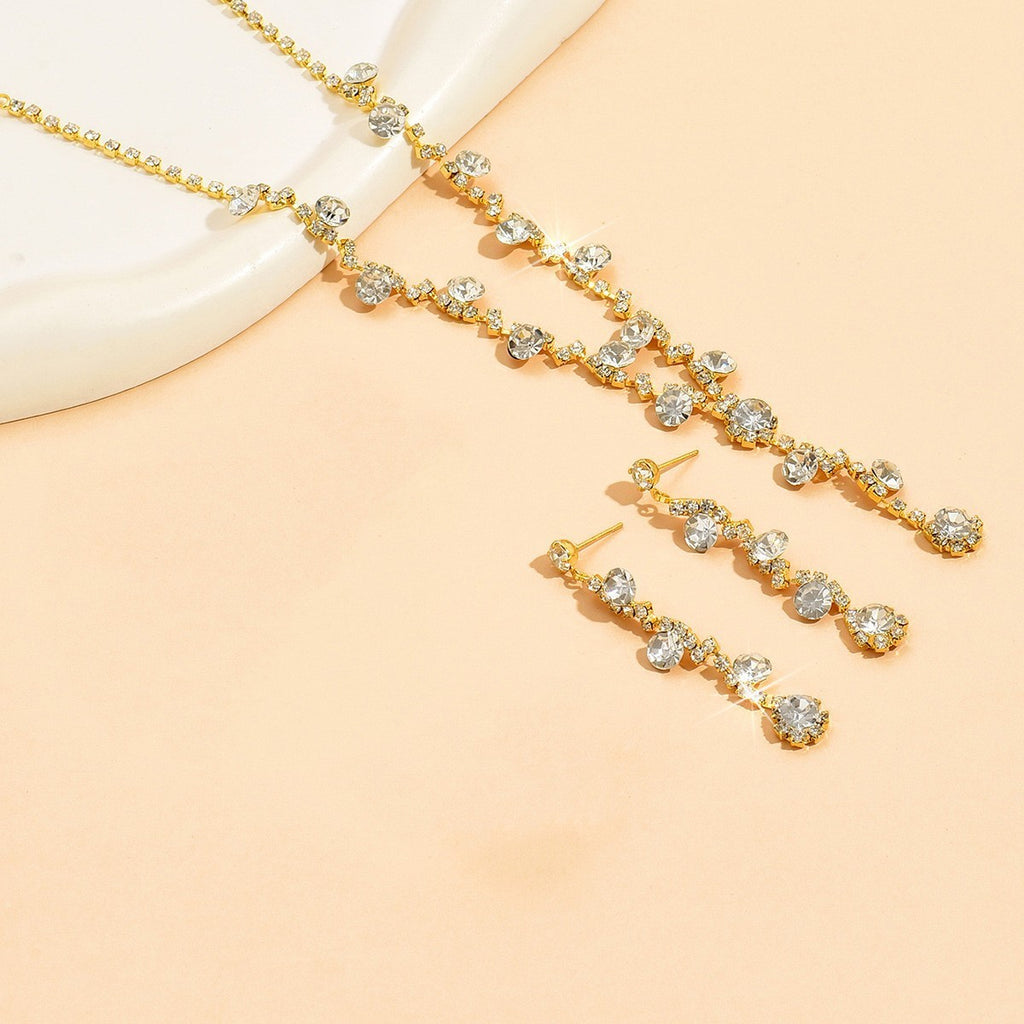 Rhinestone Cluster Y Drop Necklace And Earring Set - Gold 2-Piece