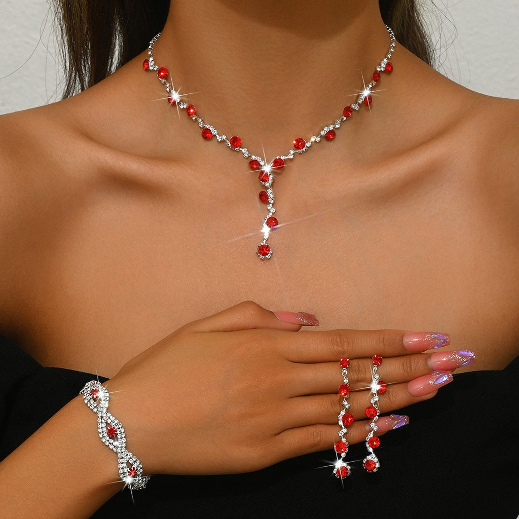 Rhinestone Cluster Y Drop Necklace And Earring Set - Red 3-Piece